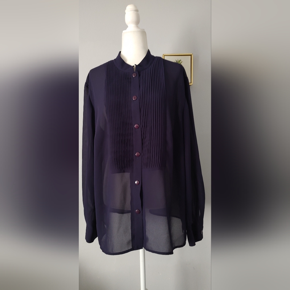 Blouse Long Sleeves Studio 1  Size 22 W Navy Blue Neck Pleated Good Condition